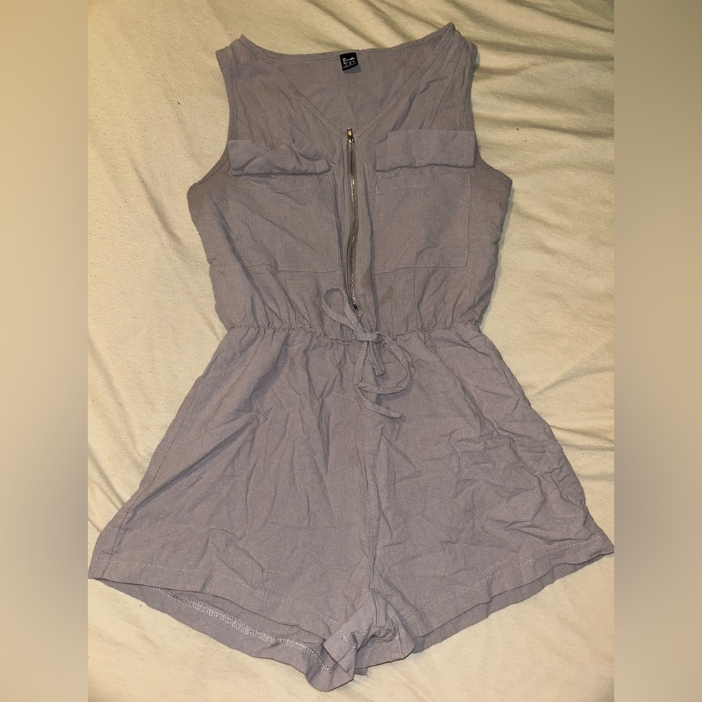 Gray/ Purple Sleeveless Romper with Front Zipper
